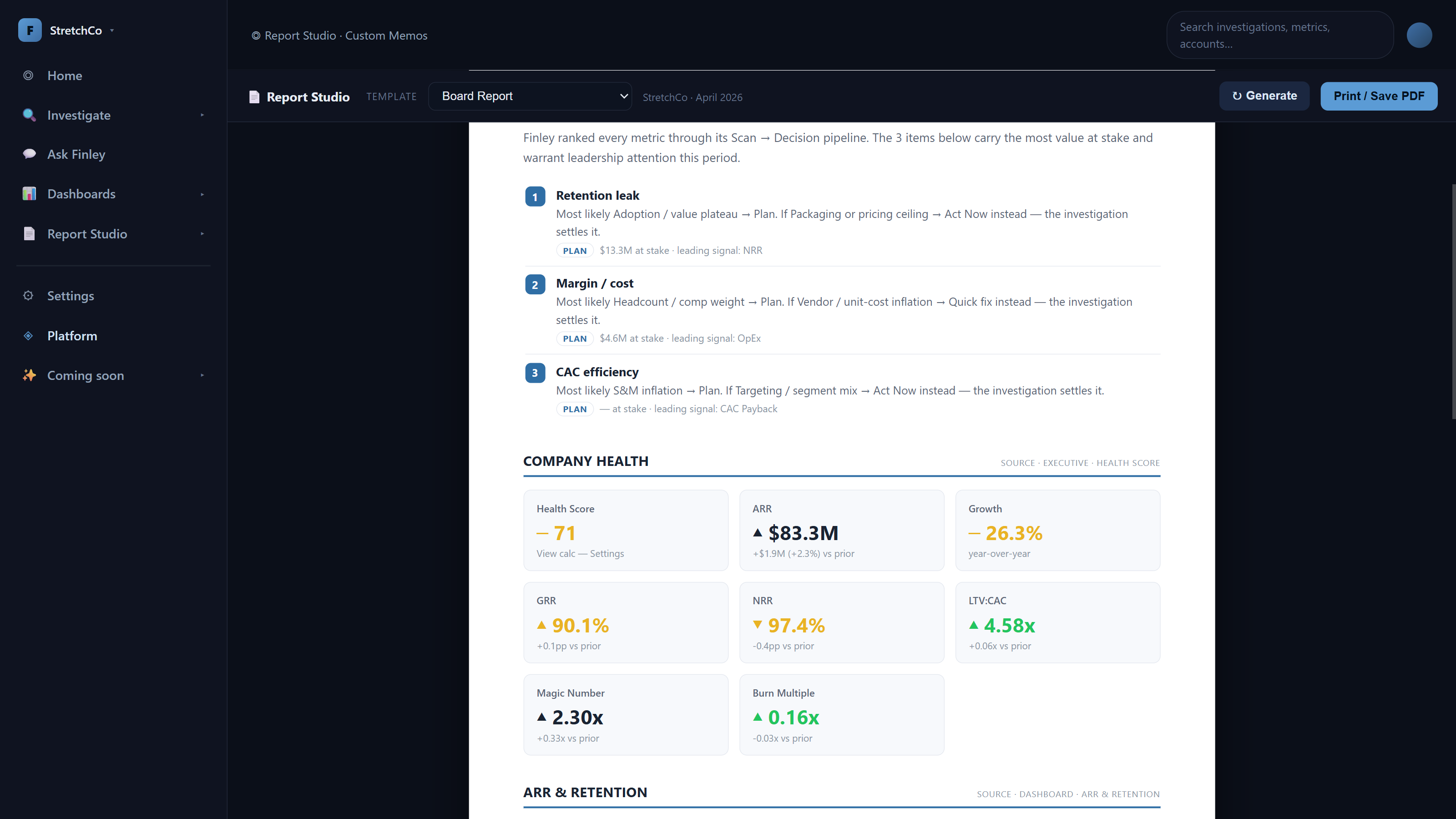 Owley Report Studio: a board report with prioritised findings, value at stake, and company health metrics